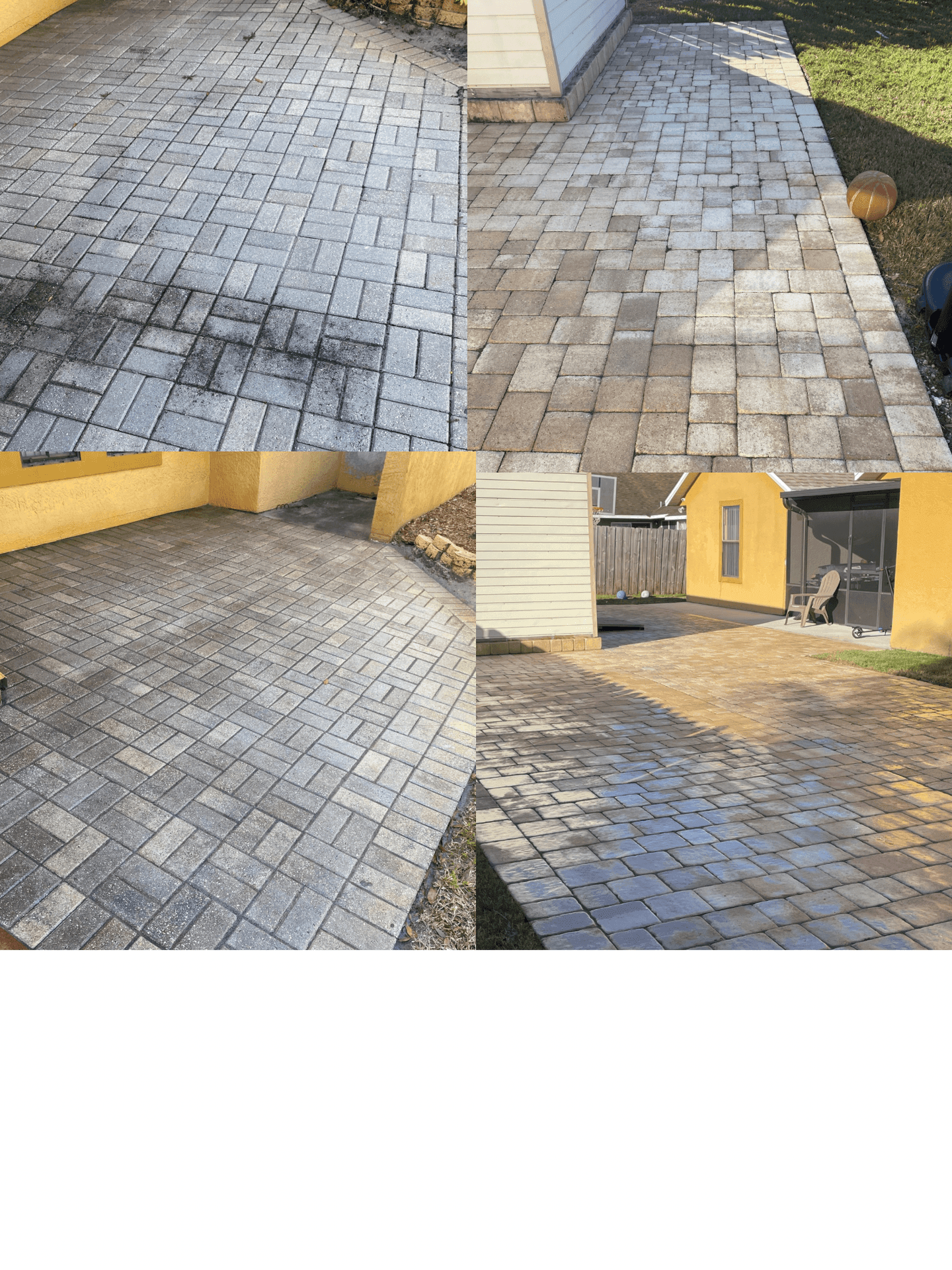 Collage of outdoor paved patios with different brick patterns and colors.