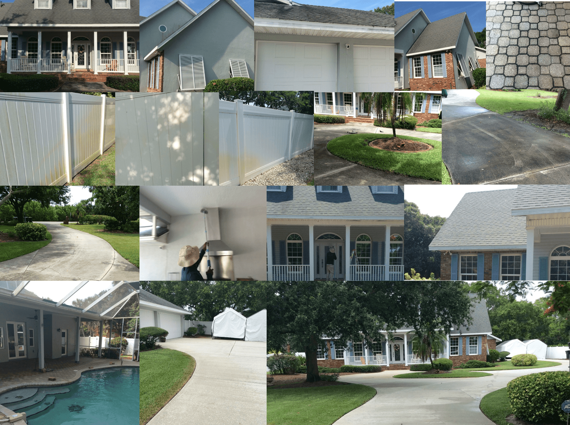 Collage of house exteriors, gardens, paving, and a person cleaning with a hose.