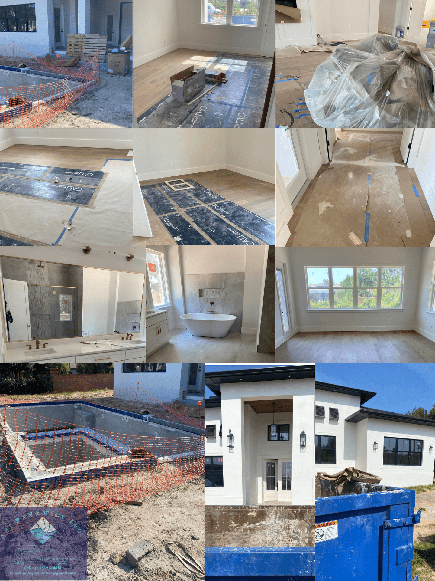 Collage of a house under construction with various rooms, an unfinished pool, and exterior view.