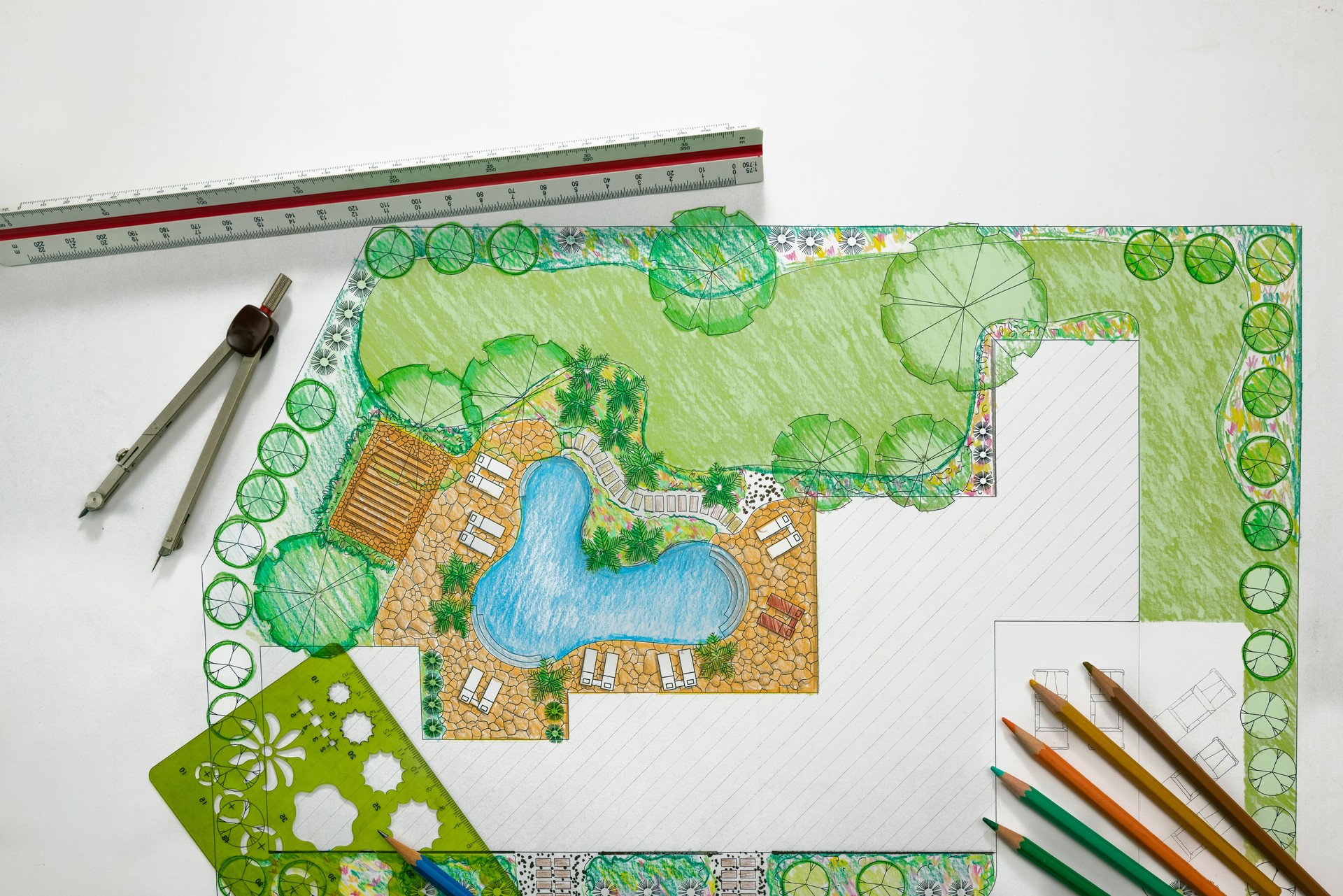 Backyard garden and pool design plan for villa.